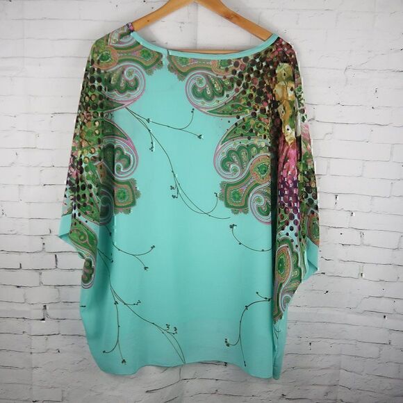 AQUA BLUE FLORAL PAISLEY SEMI SHEER ROUND NECK 3/4 SLEEVE OVERSIZED BLOUSE - Picture 3 of 3